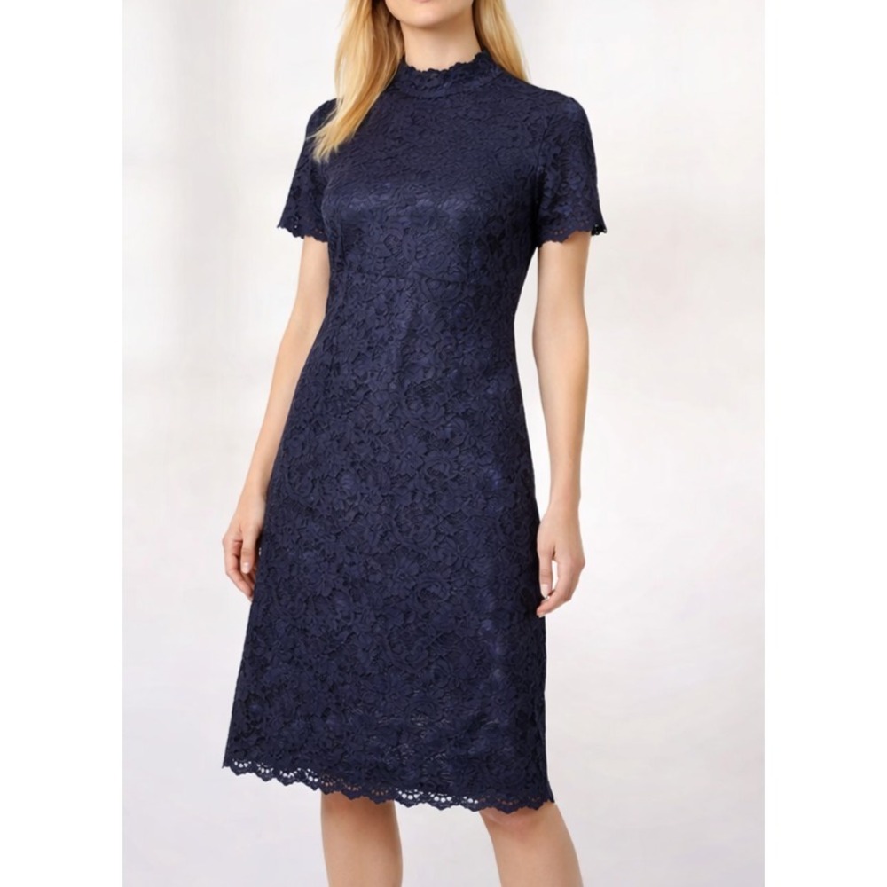 Cachet Black Lace Dress Mock Neck Scalloped Hem Evening Luxe Classic Size 8